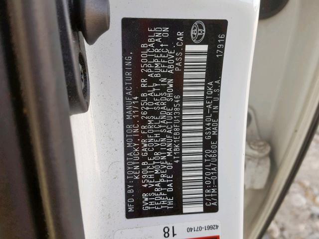 4T1BK1EB8FU138546 - 2015 TOYOTA AVALON XLE 白色 照片 10