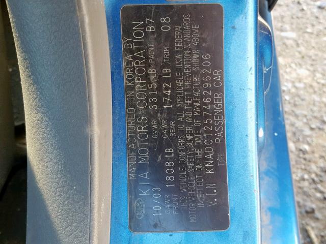 KNADC125746296206 - 2004 KIA RIO BLUE photo 10