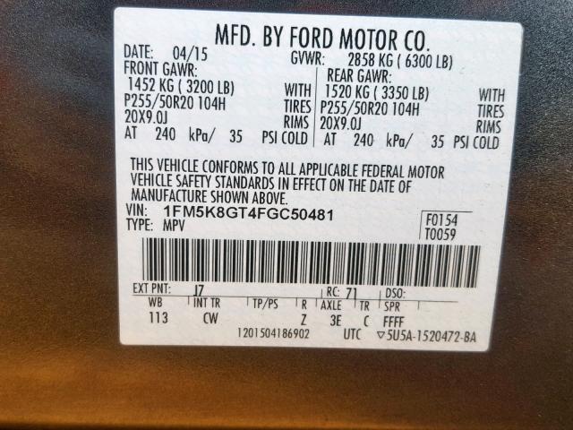 1FM5K8GT4FGC50481 - 2015 FORD EXPLORER S GRAY photo 10