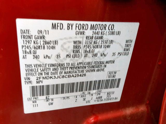 2FMDK3JC8CBA25426 - 2012 FORD EDGE SEL RED photo 10