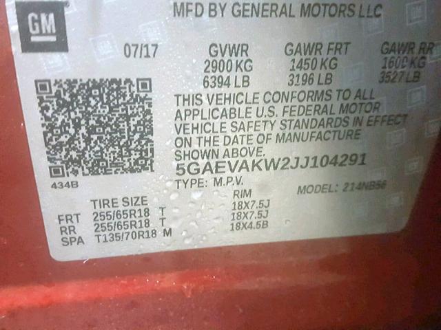 5GAEVAKW2JJ104291 - 2018 BUICK ENCLAVE ES RED photo 10