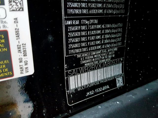 SALWR2RVXJA809312 - 2018 LAND ROVER RANGE ROVE BLACK photo 10