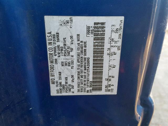 1FTYR11U12TA20890 - 2002 FORD RANGER BLUE photo 10