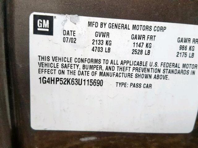 1G4HP52K63U115690 - 2003 BUICK LESABRE CU BROWN photo 10