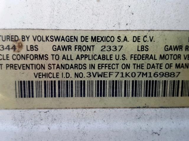 3VWEF71K07M169887 - 2007 VOLKSWAGEN JETTA WOLF WHITE photo 10