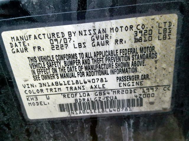 3N1AB61E18L640781 - 2008 NISSAN SENTRA 2.0 BLACK photo 10