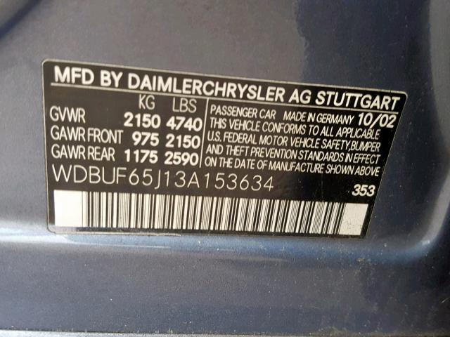 WDBUF65J13A153634 - 2003 MERCEDES-BENZ E 320 BLUE photo 10