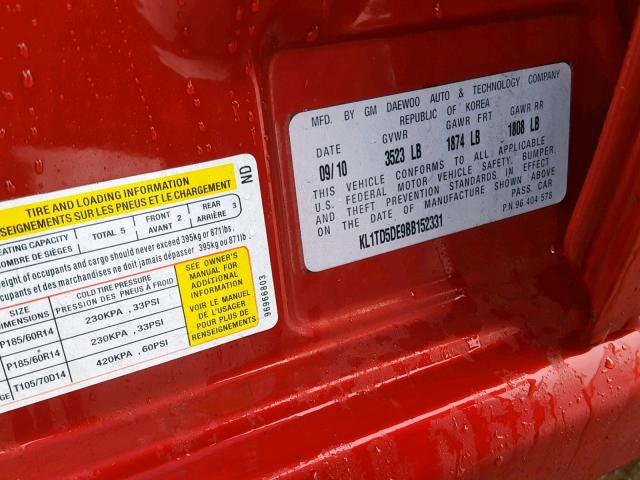 KL1TD5DE9BB152331 - 2011 CHEVROLET AVEO LS RED photo 10