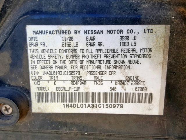 1N4DL01A31C150979 - 2001 NISSAN ALTIMA GXE BLACK photo 10