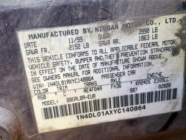 1N4DL01AXYC140864 - 2000 NISSAN ALTIMA XE BROWN photo 10