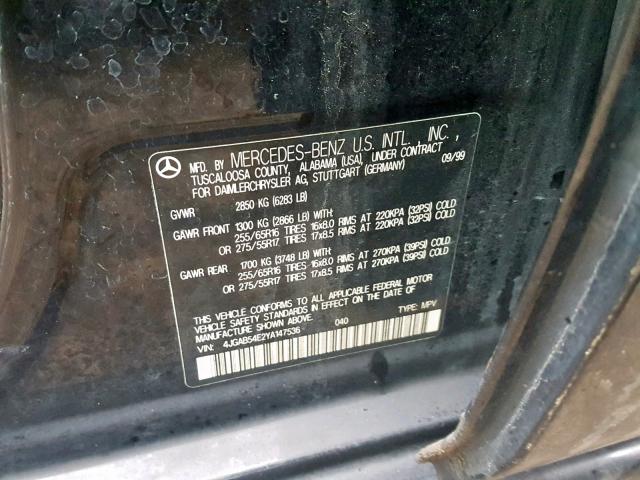 4JGAB54E2YA147536 - 2000 MERCEDES-BENZ ML 320 BLACK photo 10