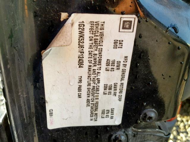 1G2WK52J61F124364 - 2001 PONTIAC GRAND PRIX BLACK photo 10