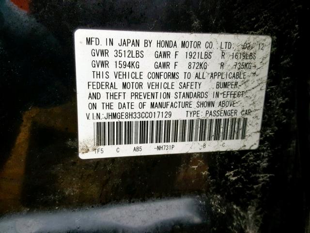 JHMGE8H33CC017129 - 2012 HONDA FIT BLACK photo 10