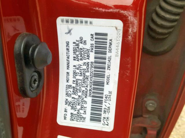 1NXBU40EX9Z007958 - 2009 TOYOTA COROLLA BA RED photo 10