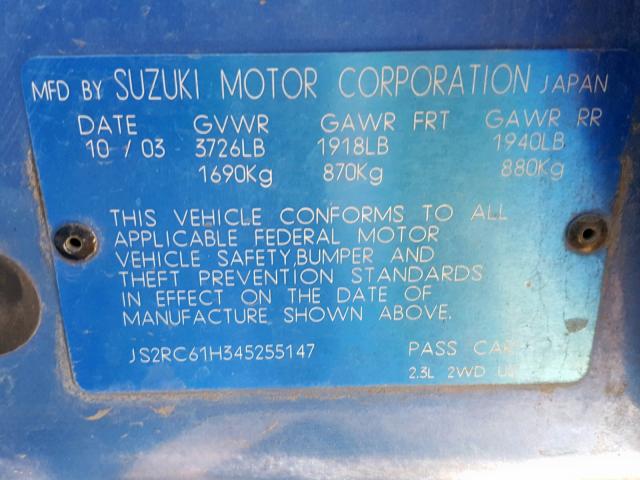 JS2RC61H345255147 - 2004 SUZUKI AERIO SX BLUE photo 10