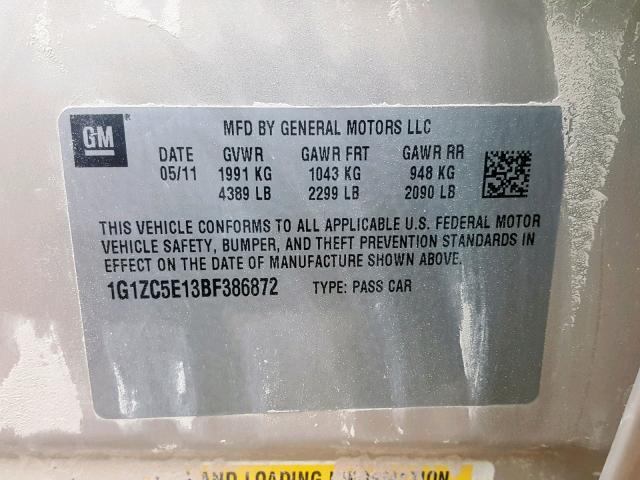 1G1ZC5E13BF386872 - 2011 CHEVROLET MALIBU 1LT GOLD photo 10