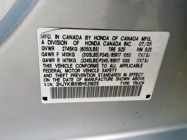 2HJYK16516H531925 - 2006 HONDA RIDGELINE SILVER photo 10