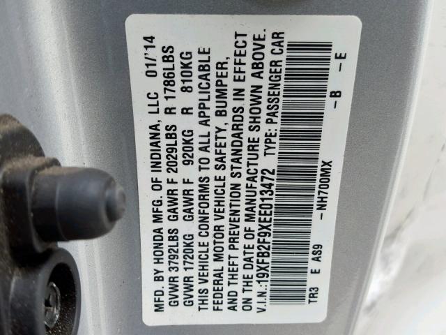 19XFB2F9XEE013472 - 2014 HONDA CIVIC EXL SILVER photo 10