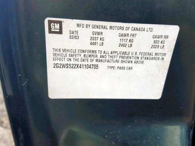 2G2WS522X41104705 - 2004 PONTIAC GRAND PRIX GREEN photo 10
