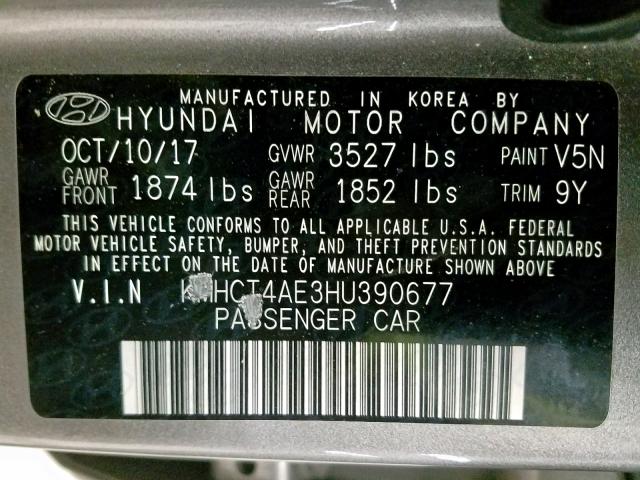 KMHCT4AE3HU390677 - 2017 HYUNDAI ACCENT SE GRAY photo 10