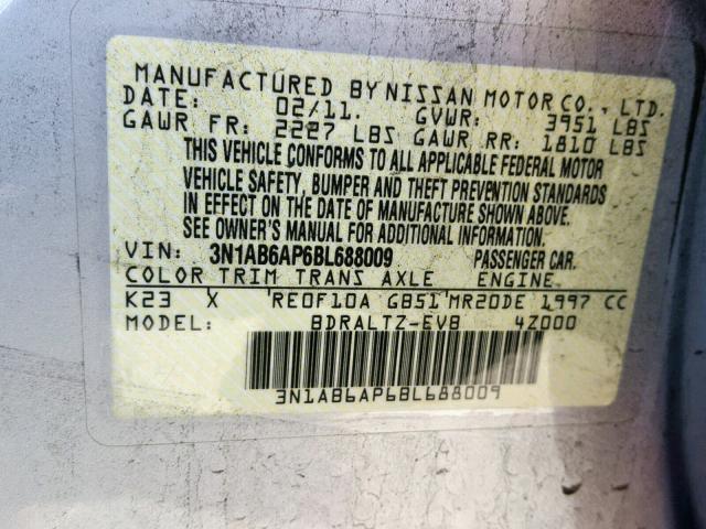 3N1AB6AP6BL688009 - 2011 NISSAN SENTRA 2.0 SILVER photo 10