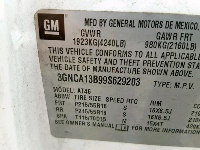 3GNCA13B99S629203 - 2009 CHEVROLET HHR LS WHITE photo 10