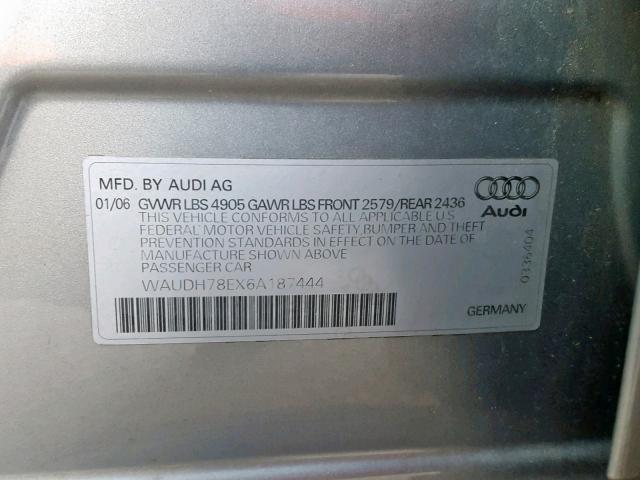 WAUDH78EX6A187444 - 2006 AUDI A4 3.2 QUA GRAY photo 10