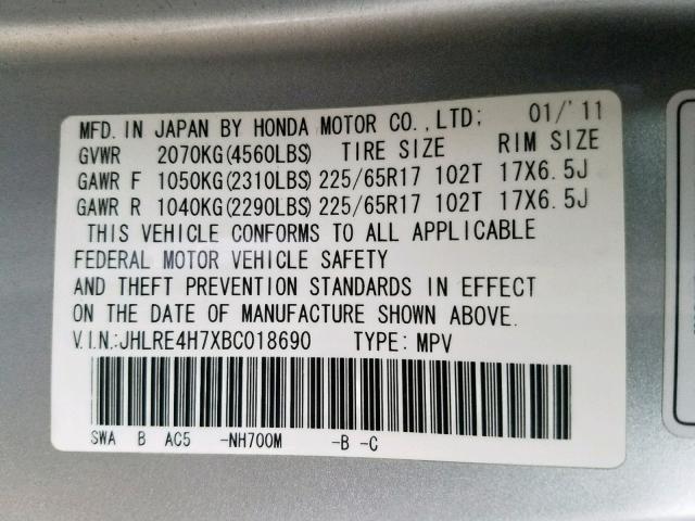 JHLRE4H7XBC018690 - 2011 HONDA CR-V EXL SILVER photo 10