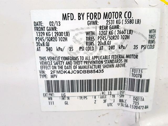 2FMDK4JC9DBB85435 - 2013 FORD EDGE SEL WHITE photo 10