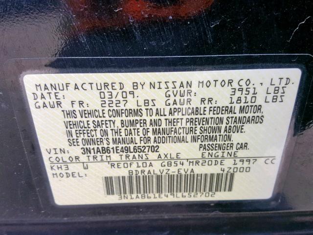 3N1AB61E49L652702 - 2009 NISSAN SENTRA 2.0 BLACK photo 10