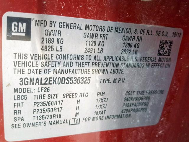 3GNAL2EK0DS536325 - 2013 CHEVROLET CAPTIVA LS 红色 照片 10