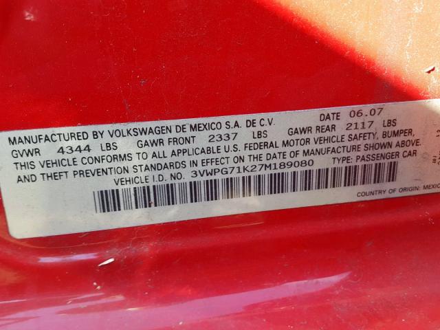 3VWPG71K27M189080 - 2007 VOLKSWAGEN JETTA 2.5 RED photo 10