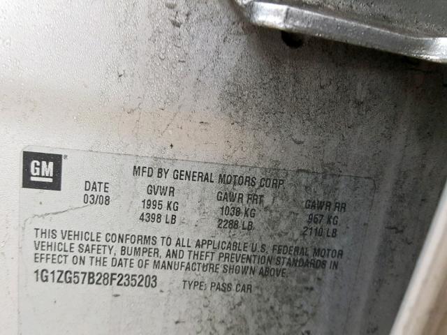 1G1ZG57B28F235203 - 2008 CHEVROLET MALIBU LS GRAY photo 10