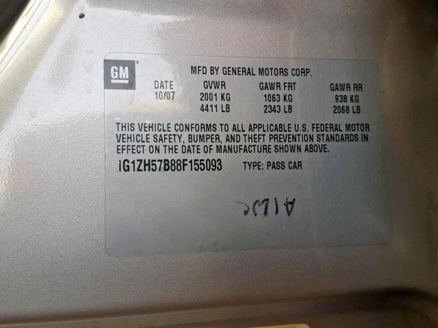 1G1ZH57B88F155093 - 2008 CHEVROLET MALIBU 1LT GRAY photo 10