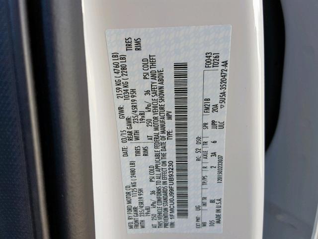 1FMCU0J99FUB93230 - 2015 FORD ESCAPE TIT WHITE photo 10