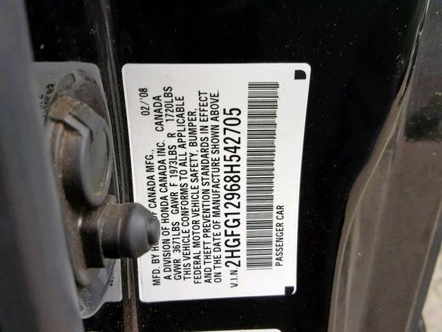 2HGFG12968H542705 - 2008 HONDA CIVIC EXL BLACK photo 10