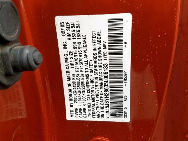 5J6YH28635L006133 - 2005 HONDA ELEMENT EX ORANGE photo 10