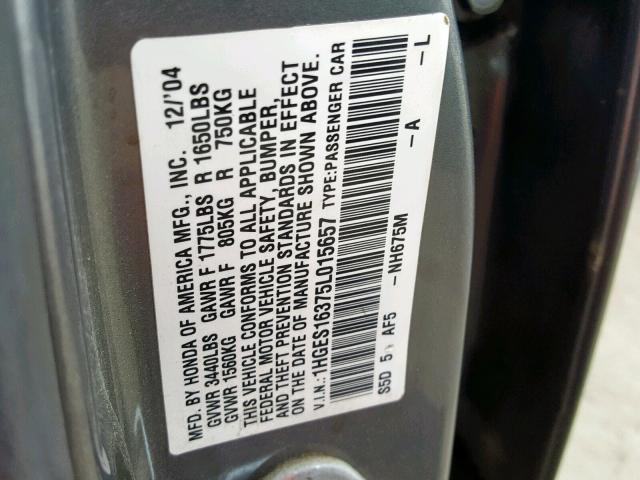 1HGES16375L015657 - 2005 HONDA CIVIC DX V GRAY photo 10