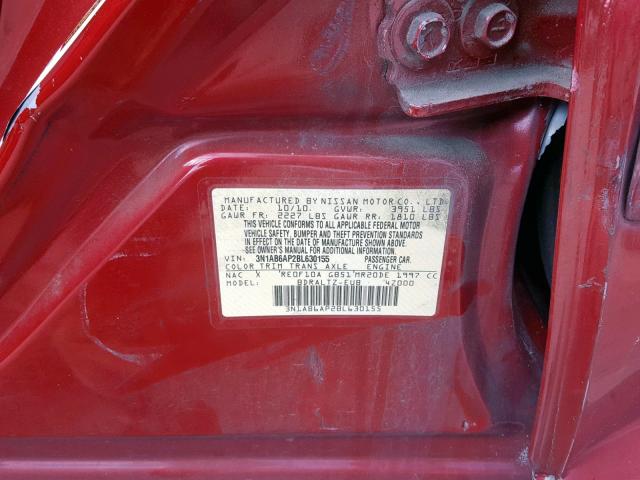 3N1AB6AP2BL630155 - 2011 NISSAN SENTRA 2.0 RED photo 10