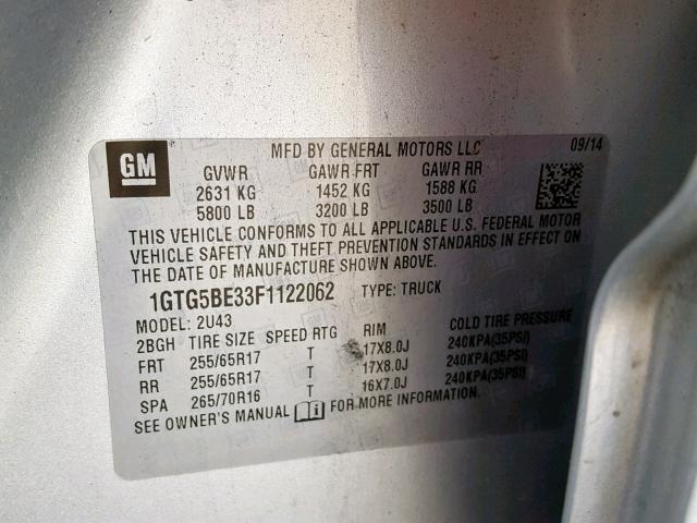 1GTG5BE33F1122062 - 2015 GMC CANYON SLE SILVER photo 10