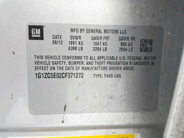 1G1ZC5E02CF371272 - 2012 CHEVROLET MALIBU 1LT ვერცხლისფერი ფოტო 10