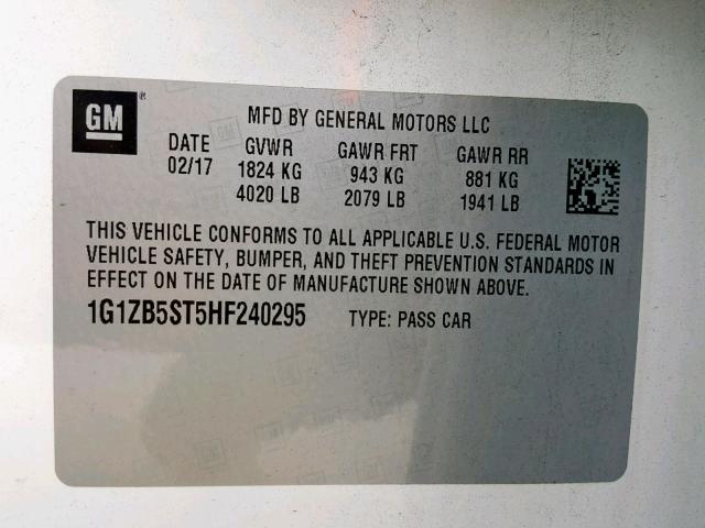 1G1ZB5ST5HF240295 - 2017 CHEVROLET MALIBU LS WHITE photo 10