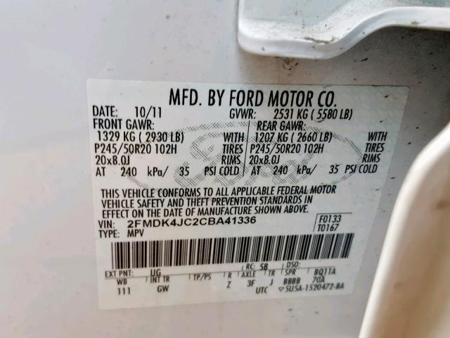 2FMDK4JC2CBA41336 - 2012 FORD EDGE SEL WHITE photo 10