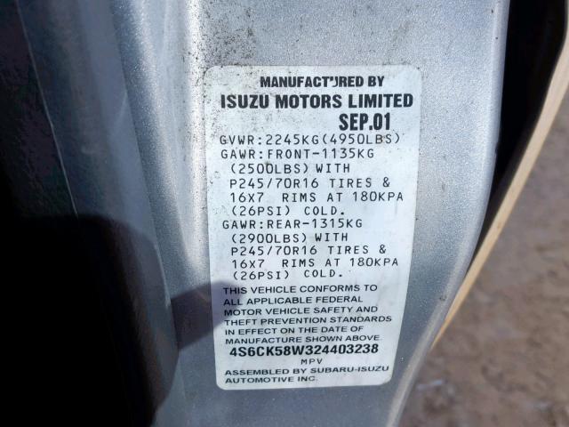 4S6CK58W324403238 - 2002 HONDA PASSPORT E 银色 照片 10