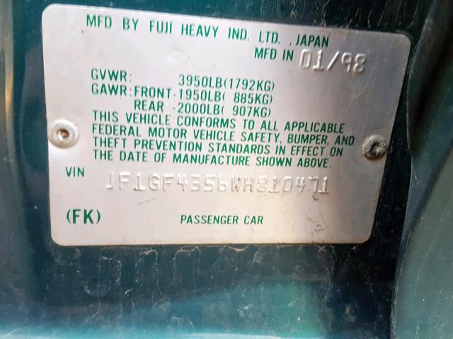 JF1GF4356WH810471 - 1998 SUBARU IMPREZA L GREEN photo 10