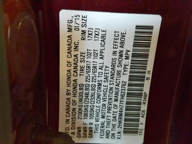 2HKRM4H77FH623762 - 2015 HONDA CR-V EXL MAROON photo 10