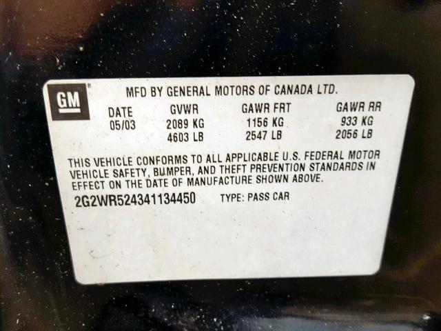 2G2WR524341134450 - 2004 PONTIAC GRAND PRIX BLACK photo 10