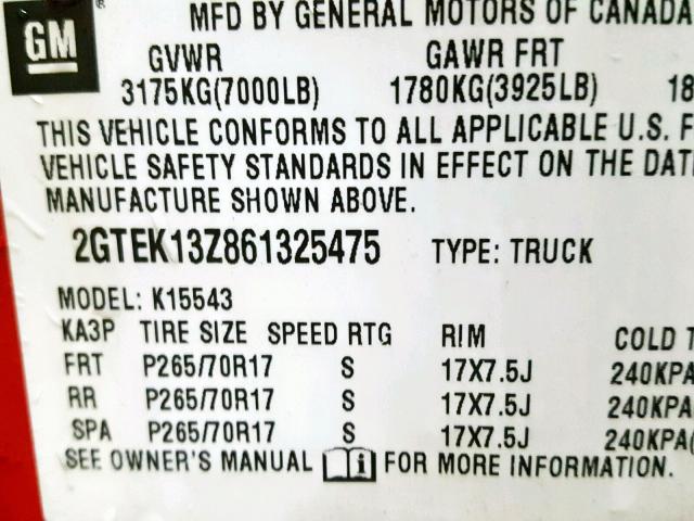 2GTEK13Z861325475 - 2006 GMC NEW SIERRA RED photo 10