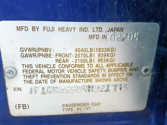 JF1GG65504H821775 - 2004 SUBARU IMPREZA TS BLUE photo 10