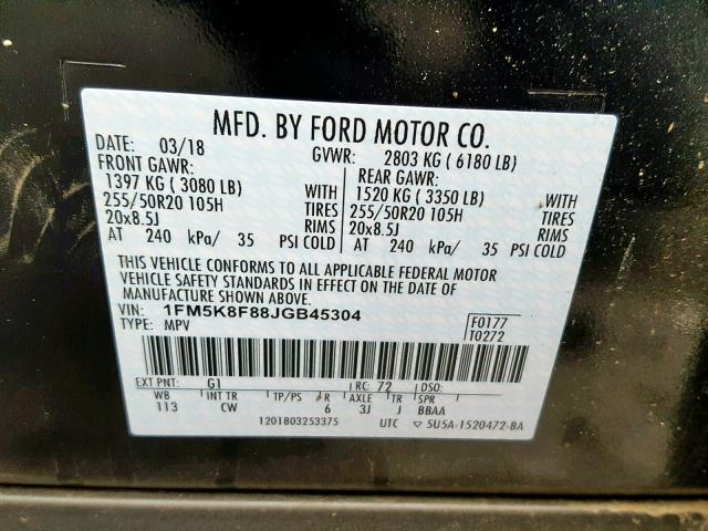 1FM5K8F88JGB45304 - 2018 FORD EXPLORER L BLACK photo 10